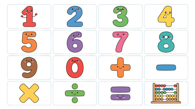 Cute colorful numbers and math symbols with happy faces for children education, vector illustration set of digits and arithmetic operators with abacus for school learning and classroom decor