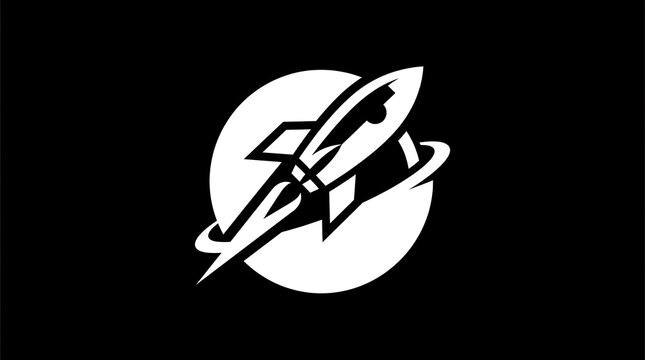 Minimalist rocket ship launching past a circular orbit depicted in stark black and white vector graphics