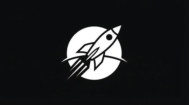 Minimalist white rocket icon launching into space isolated on a bold and dark black background