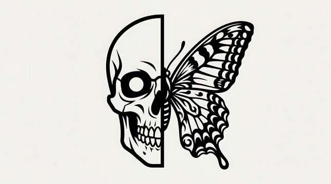 Detailed skull and butterfly half face hybrid illustration featuring bold black lines on white background design