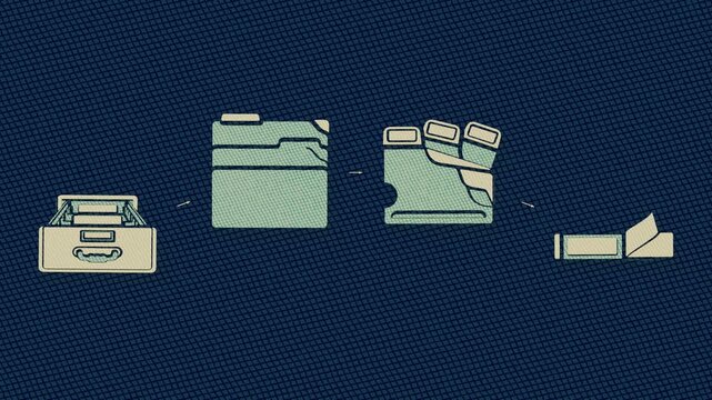 Cataloguing organizes cards, dividers, labels, and drawer hardware into a marked route for orderly retrieval. Flat 3D style with cross-hatching.