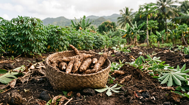cassava roots in woven basket at tropical agricultural farm
