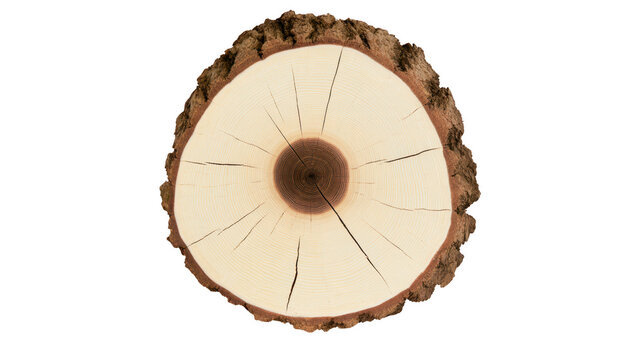 Cross-section of oak tree log showing natural grain and growth rings on white background
