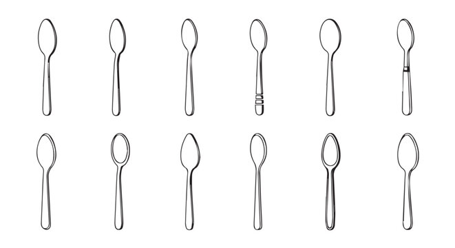 Collection of diverse silver spoons arranged in two rows against a clean white background