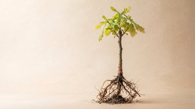 Young oak sapling with exposed root system on neutral background