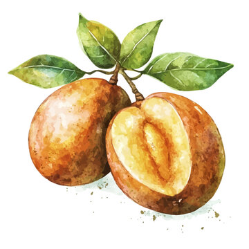 Sapodilla, watercolor vector illustration, high-resolution professional artwork isolated on a pure white background