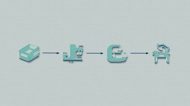 Rework return routes rejected parts through correction, inspection and packing into a released batch. Flat 3D style with smooth matte surfaces.