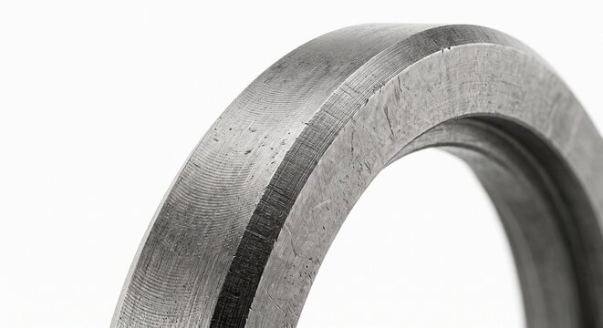 Satellite reaction wheel inertia rim, micro-machined dense tungsten alloy ring. Attitude control aerospace hardware with heavy industrial texture. Isolated.