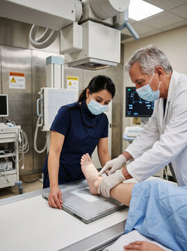 Radiologic Technologist and Doctor Positioning Patient for X-ray