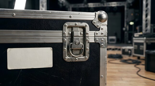 Durable black storage container with steel latch on stage floor