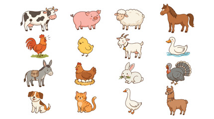 Fototapeta premium Set of cute hand-drawn farm animals including cow, pig, sheep, horse, chicken, and goat for children education and nursery decor