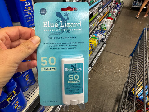 Mesa, Arizona - September 18, 2026: Blue Lizard brand 50SPF sunscreen for sale at a Walmart store