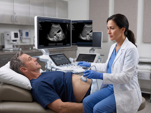 Doctor performing ultrasound examination on male patient in clinic