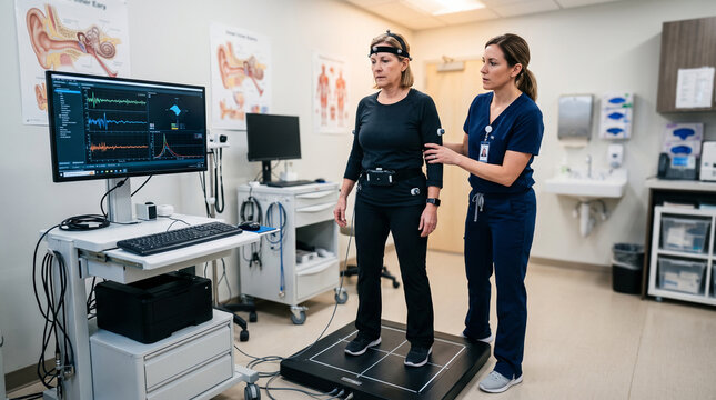 Patient undergoing balance testing in a medical clinic