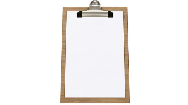 Vertical wooden clipboard with a blank white sheet of paper isolated on white