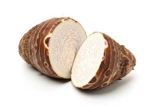 A fresh taro root cut into two halves against a white background