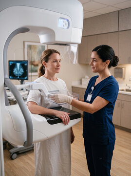Female Doctor or Radiologist Assisting Patient During Mammogram Screening Exam in Modern Clinic