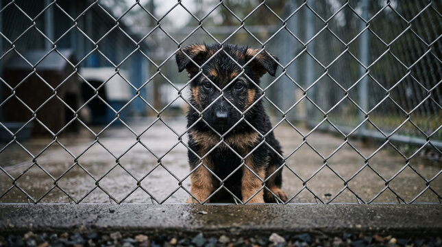 Sad German Shepherd puppy looking through chain link fence at shelter