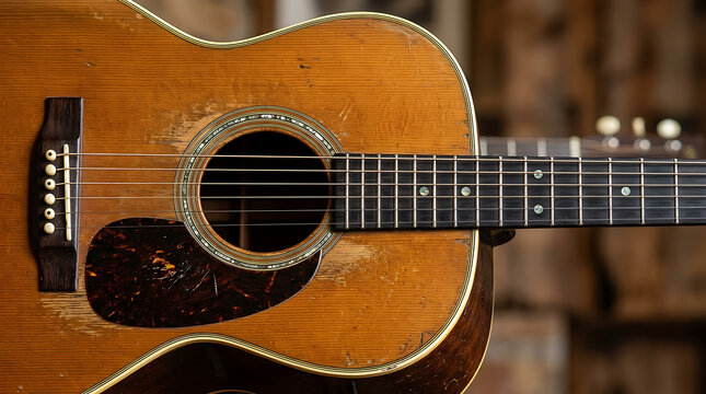 Vintage Acoustic Guitar Close Up View.