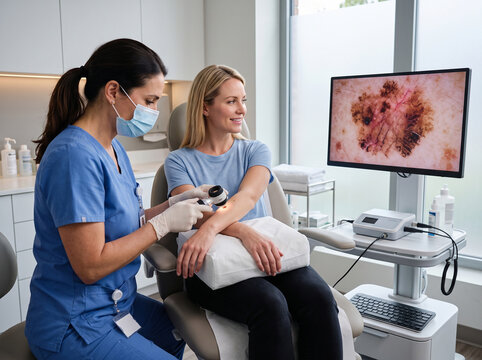 Dermatologist Examining Patient Skin Mole with Dermatoscope in Modern Medical Clinic
