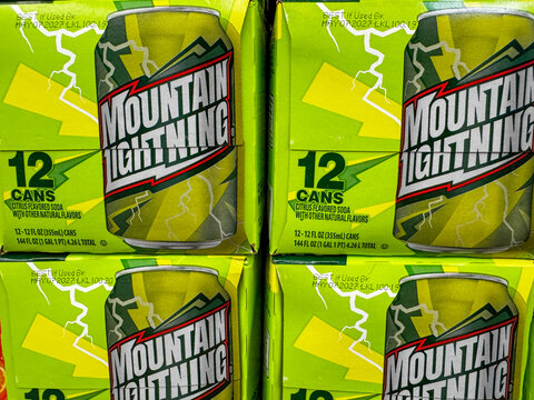 Mesa, Arizona - September 18, 2026: Off Brand Mountain Lightning soda pop 12 pack cases at Walmart, store brand