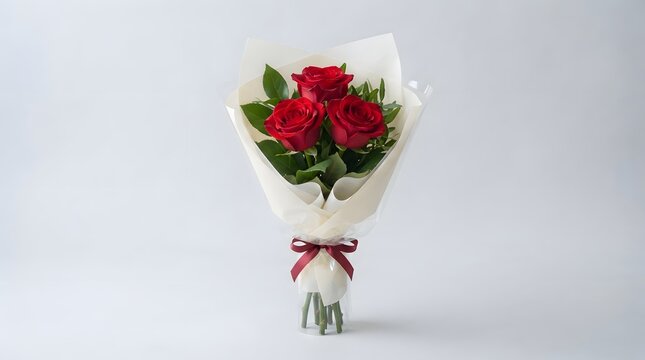 Elegant Bouquet of Three Red Roses with Ribbon.