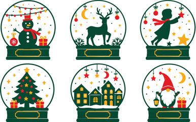 Fototapeta premium Festive Christmas Snow Globe Vector Illustration Set with Snowman, Reindeer, Winter Village, Christmas Tree, Gnome, and Girl Reaching for Stars, Perfect for Holiday Greeting Cards.