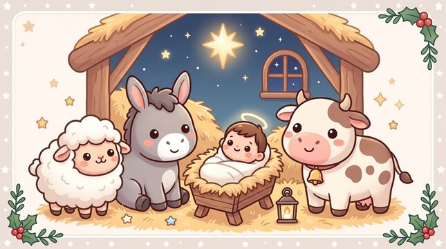 Cute Kawaii Nativity Farm Animals Vector Illustration with Fluffy Sheep and Donkey