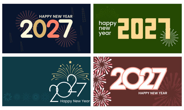 Happy New Year 2027 Celebration Banner Collection with Festive Fireworks, Bold Typography, and Elegant Outline Numbers, Modern Holiday Greeting Card Vector Templates   