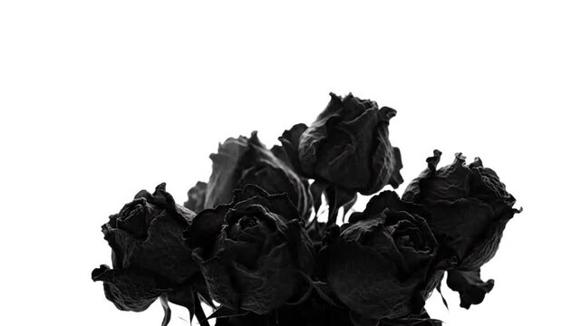 Black and white still life bouquet of dried roses against a white background with a minimalist and elegant aesthetic.