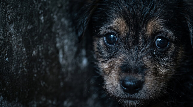 Sad wet puppy face with large innocent eyes looking directly at camera