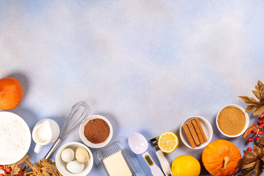 Autumn baking ingredients for pumpkin pie or fall desserts