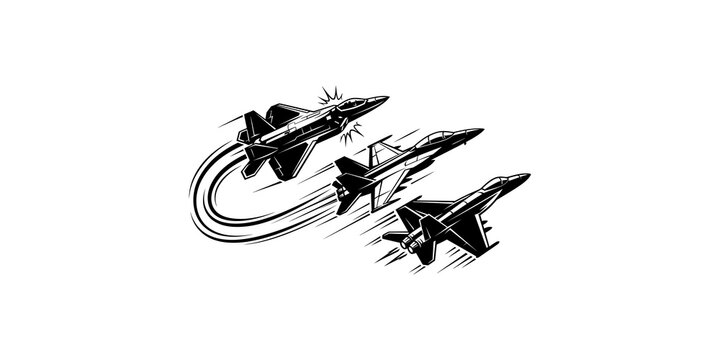 Three black military jet fighters flying in formation showcasing high speed aerial maneuvers for aviation posters and air force design.