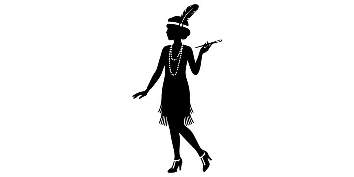 Flapper girl silhouette with feather headband and cigarette holder vintage style for roaring twenties era theme.