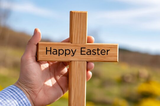 Hand holding wooden cross with Happy Easter text