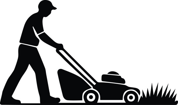 Man mowing lawn with push lawnmower icon vector illustration isolated on white background for garden maintenance service.