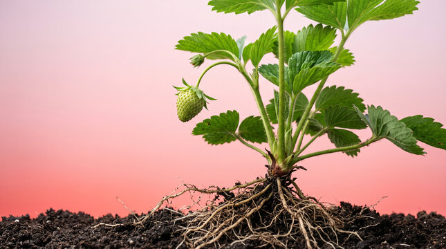 Young strawberry plant with roots and developing fruit against soft gradient background