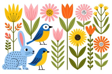 Obraz premium Spring garden with rabbit and singing birds
