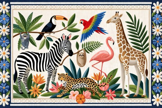 Safari jungle animals wildlife illustration with floral border