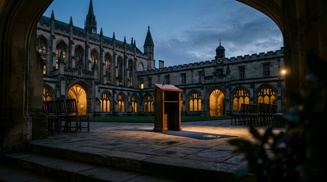 Wooden lectern in a historic stone courtyard at twilight during an event