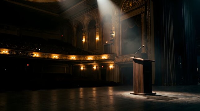 Wooden Podium with Microphone on Empty Theater Stage Under Spotlight