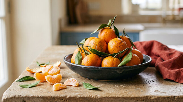 fresh mandarins with green leaves in a dark ceramic bowl