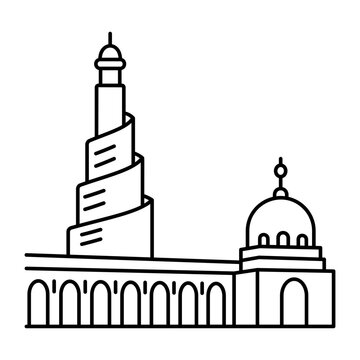 Hand-drawn doodle illustration of Ibn Tulun, showing a historic mosque complex with domes and a distinctive spiral minaret in a clean scene.