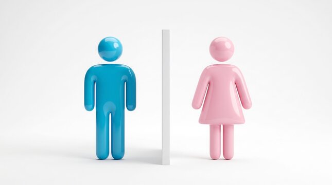 Glossy blue male and pink female 3d figures standing side by side representing binary gender roles in modern society symbols