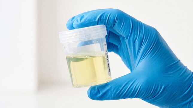 Medical professional wearing blue nitrile gloves holds a clear plastic specimen container filled with yellow liquid for clinical urine testing