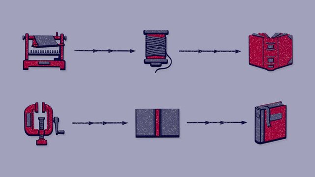 Bookbinding proceeds from sewing signatures onto cords through square clamping and casing the finished block in boards. Flat 3D style with a dry silkscreen texture.
