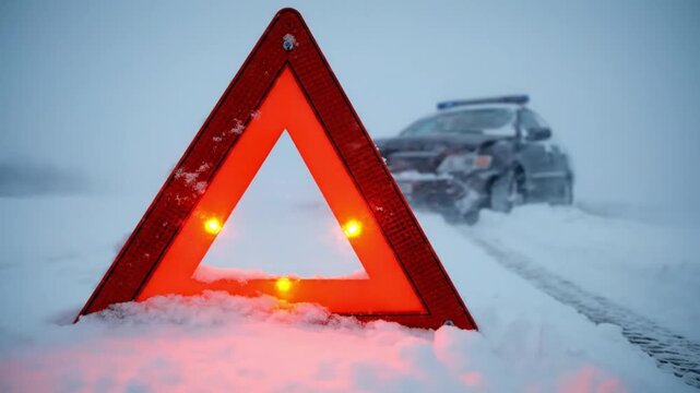 Emergency triangle glows on snow covered roadside as police vehicle moves closer in whiteout. Winter breakdown scene feels urgent, with bright reflector lights and drifting snow reducing visibility.