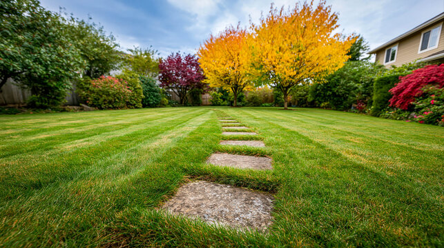 Manicured lawn with stone path and vibrant autumn trees in a peaceful residential backyard