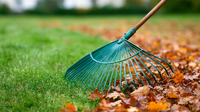 Garden rake collecting colorful fall leaves on a green lawn during seasonal yard maintenance