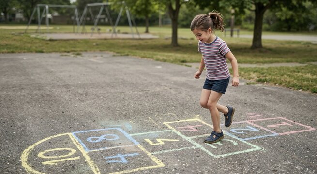 Young girl playing hopscotch game on playground asphalt. Happy child hopping on colorful chalk numbers outdoors